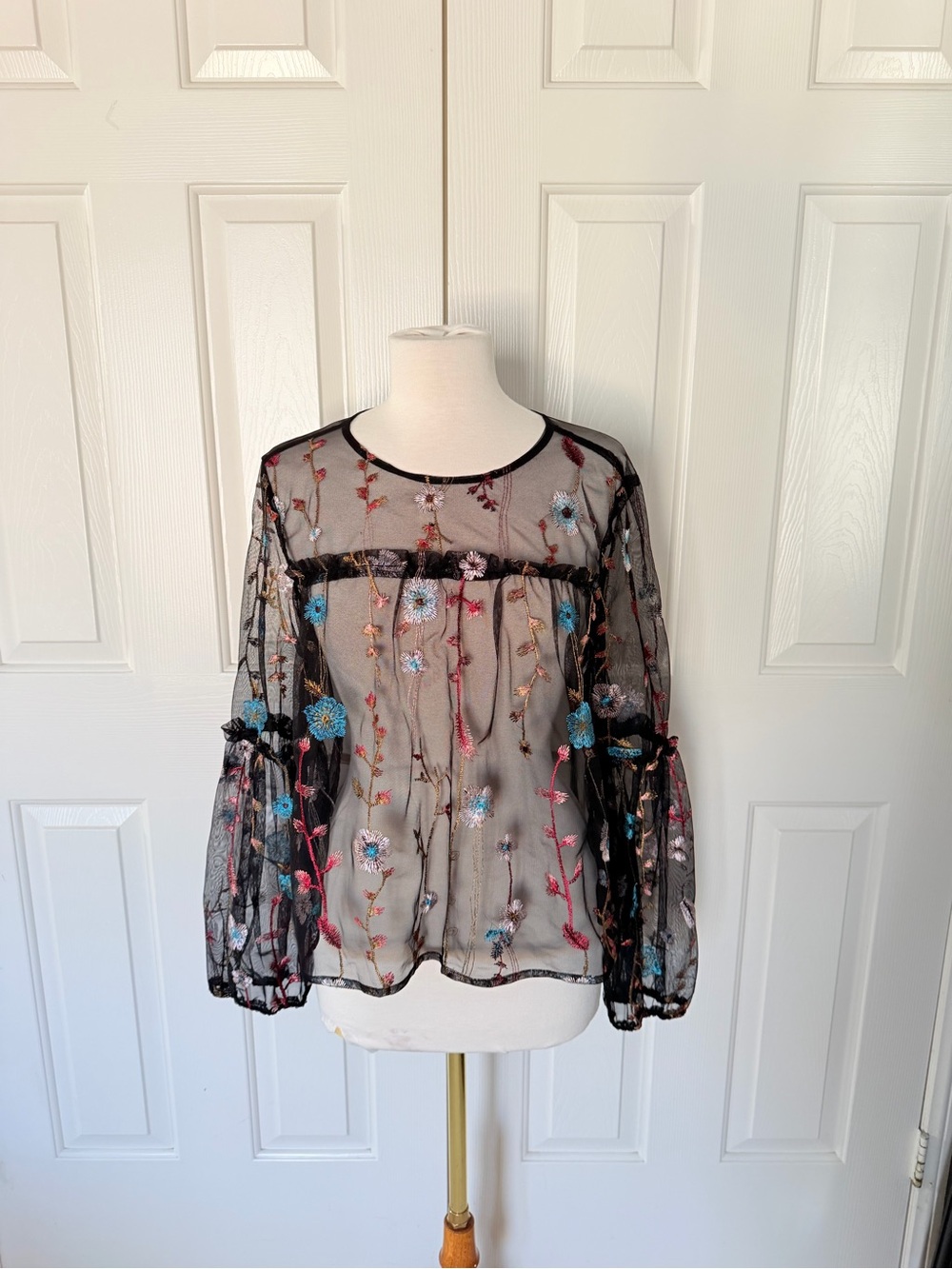 Sheer Black Floral Embroidered Blouse - Women Tops